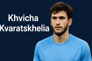 Khvicha Kvaratskhelia in a football-themed feature image for his net worth article.